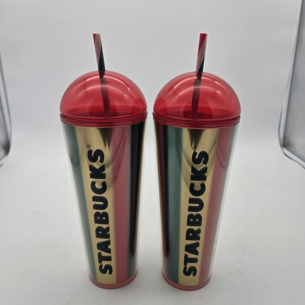 Starbucks Metallic Red Green Gold Stripe Cold Cup Dome Tumbler 24oz NEW Lot x2